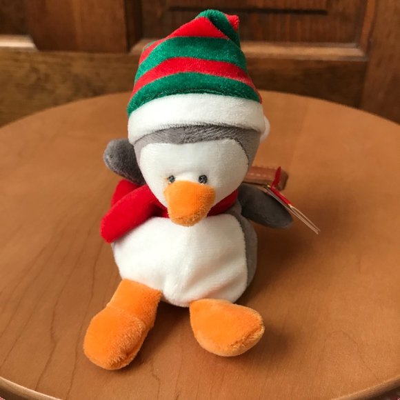 Ty Other - Ty Baby Beanie "Icicles" Gray and White Penguin w/Red and Green Striped Cap 2006